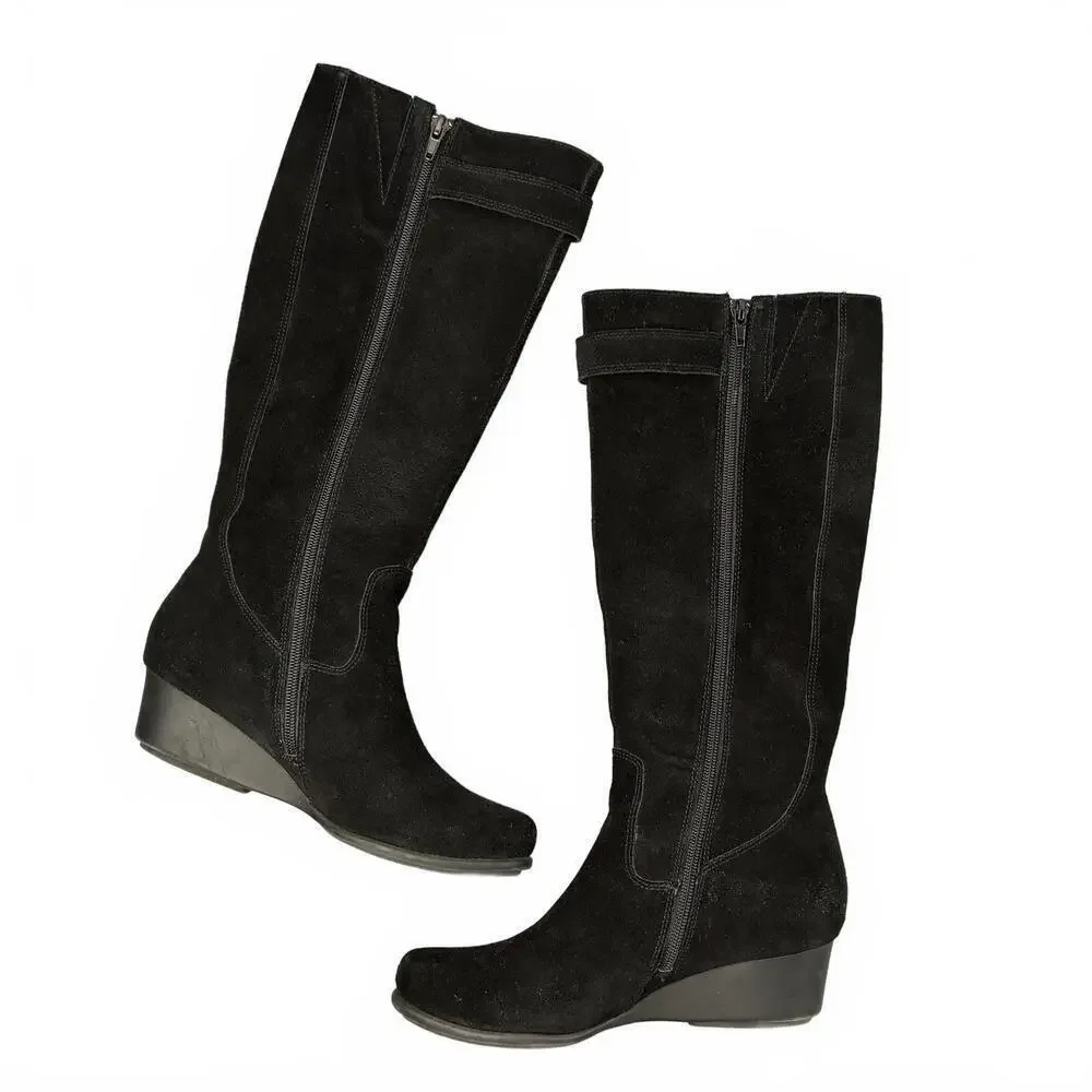Laura Landsdale Black Suede Women's Knee-High Boots Wedge Heel 7M